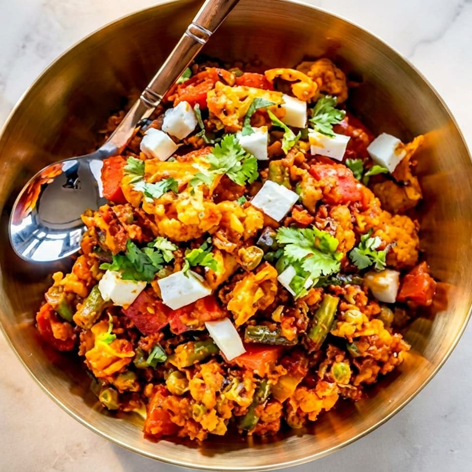Colorful spiced rice dish with vegetables, paneer cubes, and cilantro served in a brass bowl with a spoon.