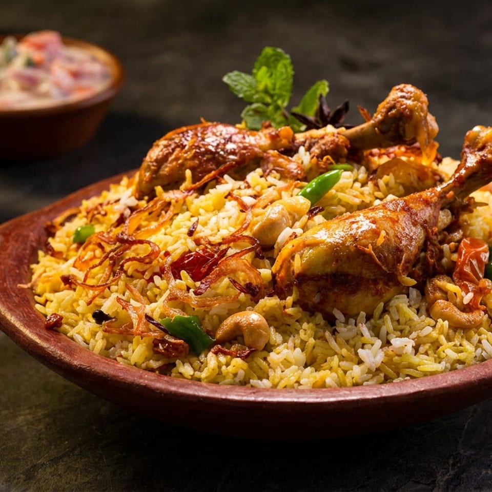 Platter of spiced chicken biryani garnished with fried onions, cashews, chilies, and mint, served with chutneys.