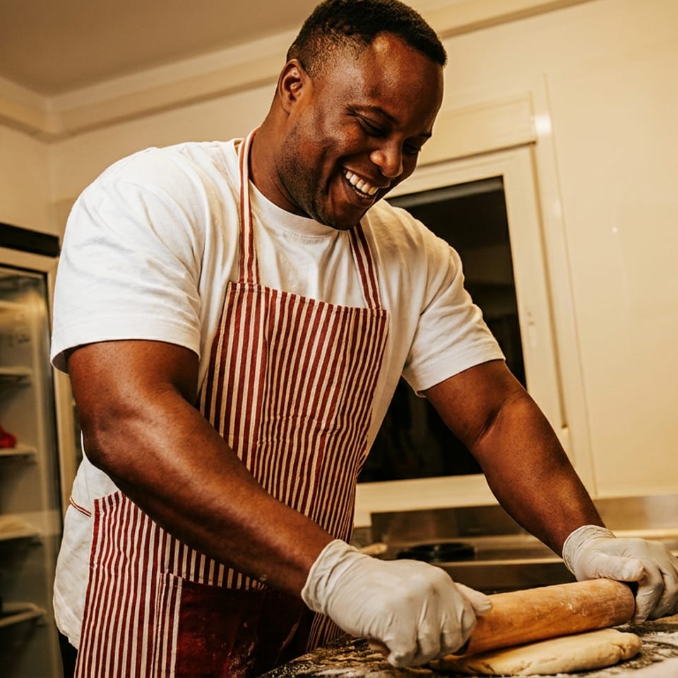 Smiling chef in a striped apron and gloves rolls dough with a wooden pin in a warmly lit kitchen.