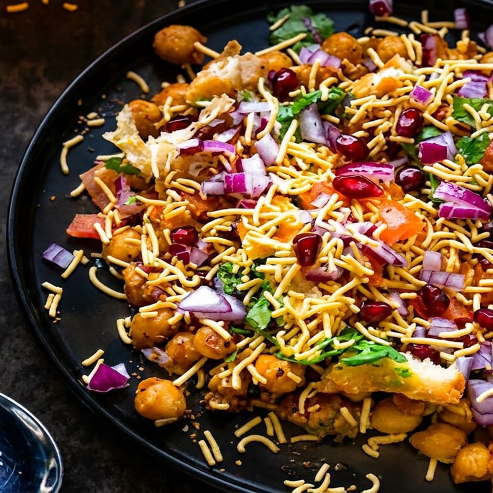 Indian chaat platter topped with sev, chickpeas, crispy papdi, red onion, cilantro, and pomegranate seeds on a black plate.