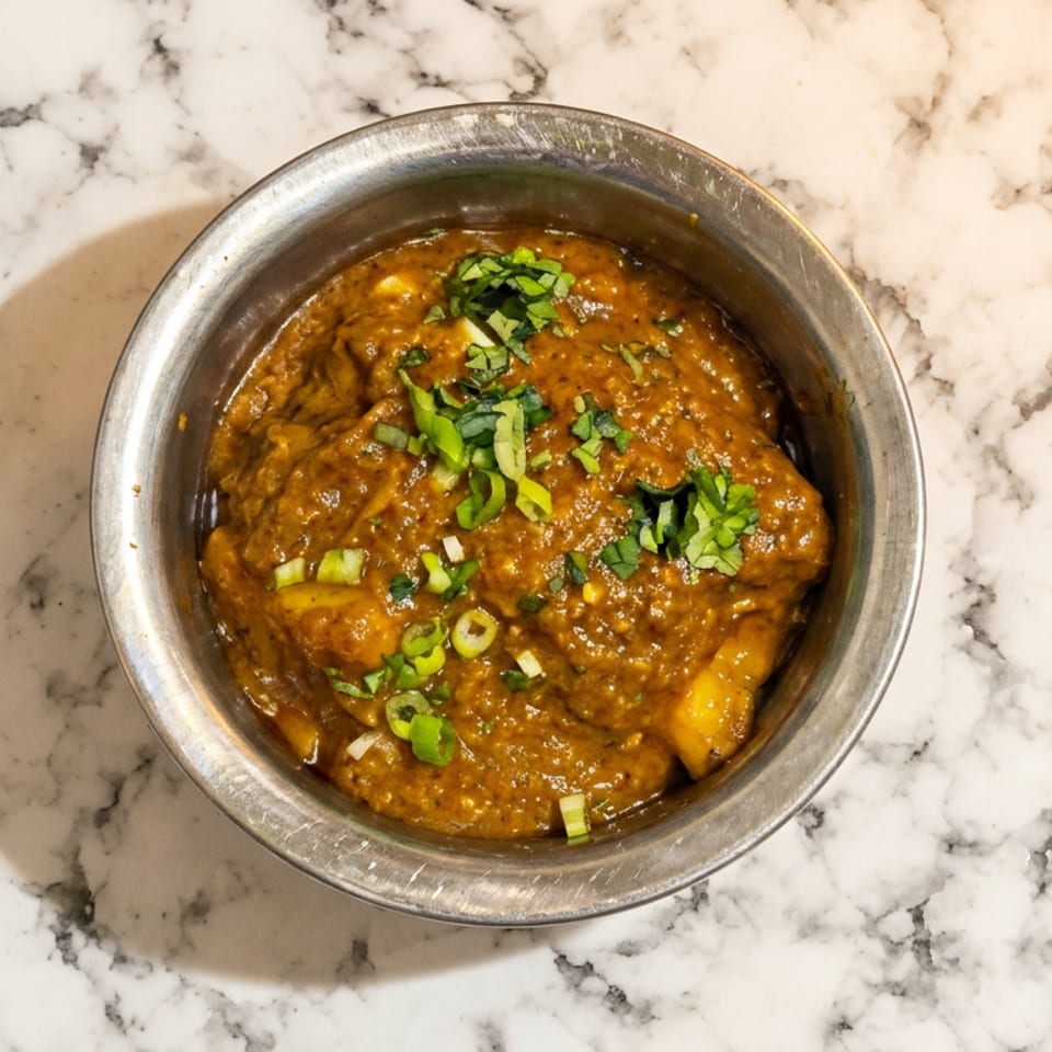 Bowl of thick spiced brown curry garnished with chopped green onions and herbs on a marble tabletop.